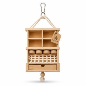 Aqua Star Pet Wooden Foraging Bird Toy Hanging Cage Toy with Compartments & Rope for Parrots Budgies