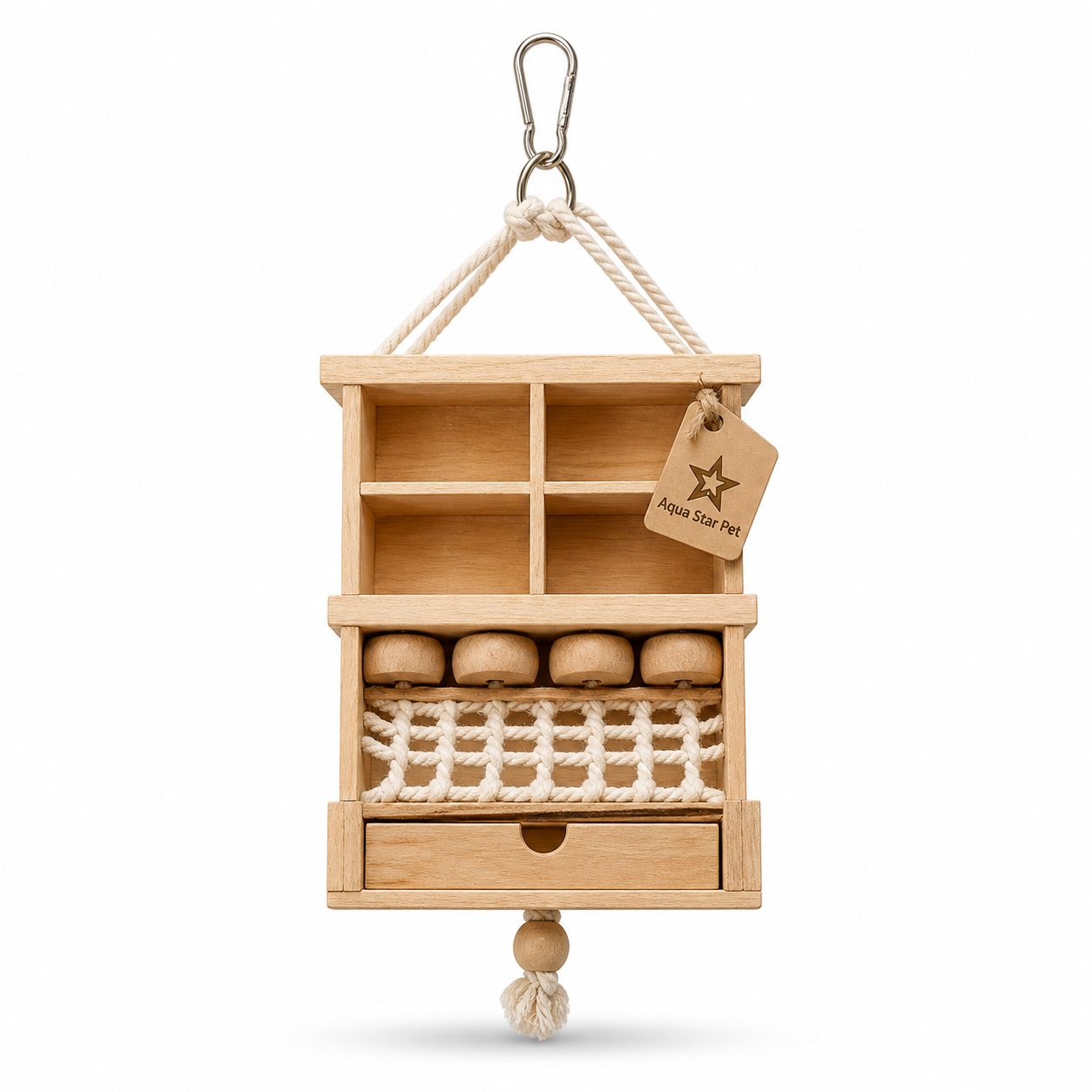 Aqua Star Pet Wooden Foraging Bird Toy Hanging Cage Toy with Compartments & Rope for Parrots Budgies